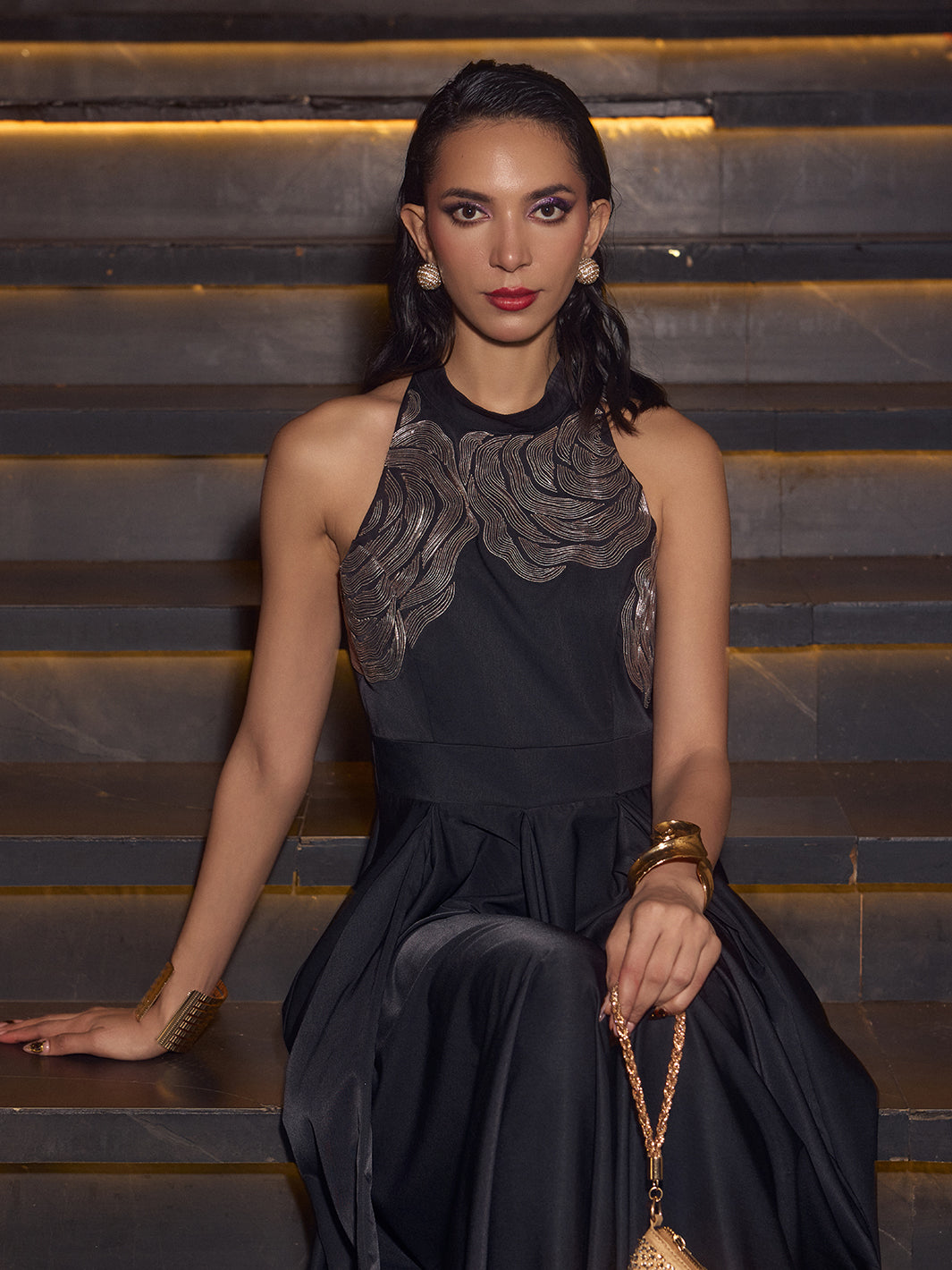 Satin Black Rose Gown for Ladies | Trendy gown at House of Fett