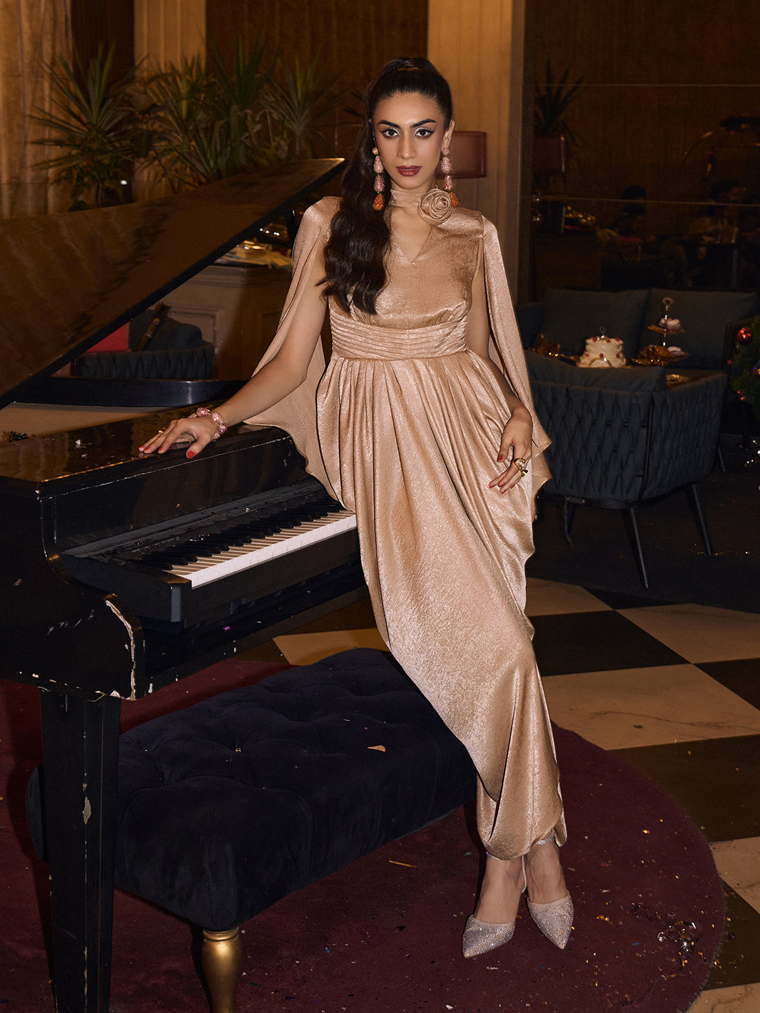 Party Wear Knitted Aurelia Drape Rose Collar Gown in Golden for Women at  House of Fett