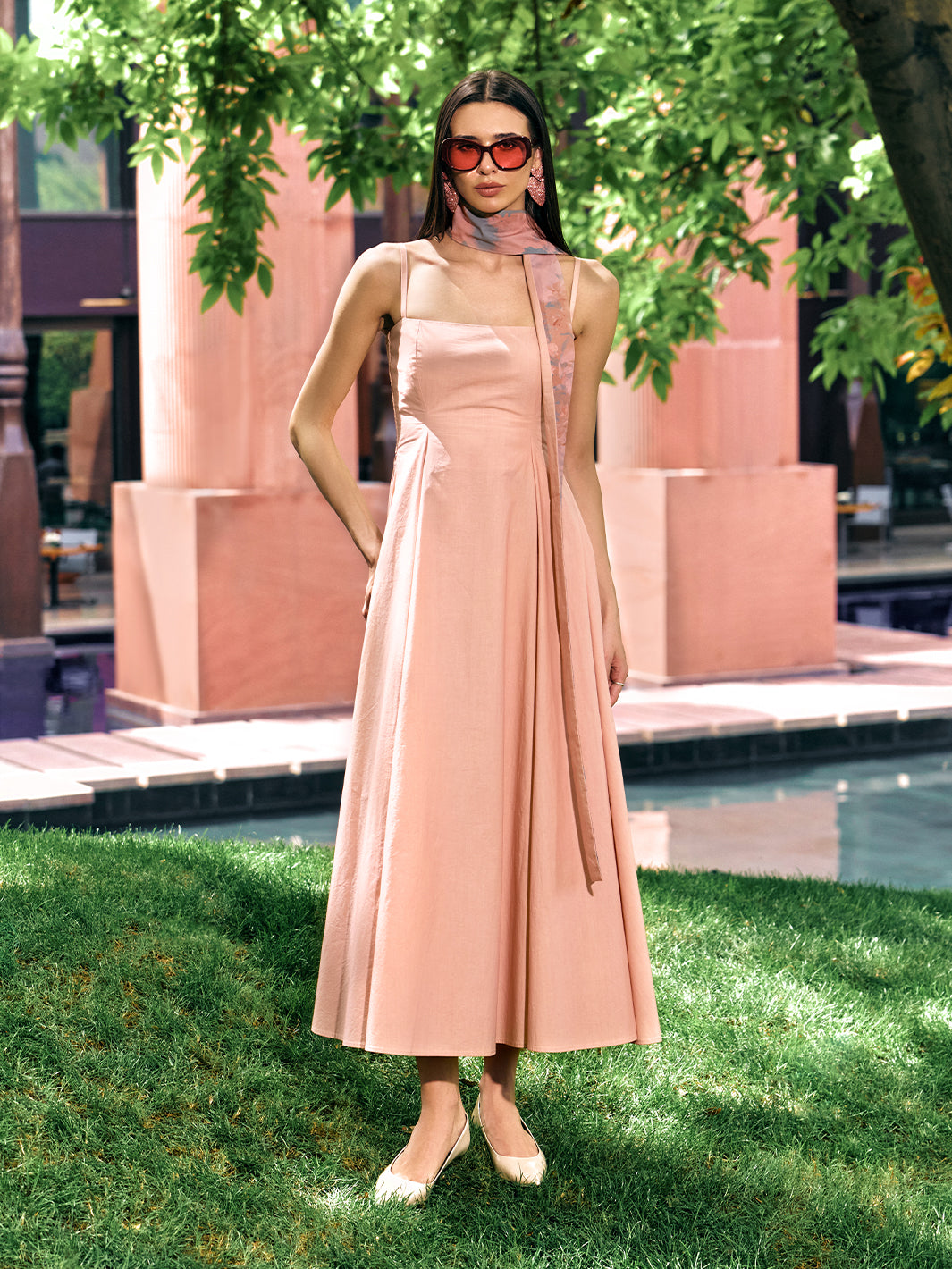 bubblegum pink bridesmaid dresses Bubblegum Strappy Maxi Dress with Scarf – House of Fett