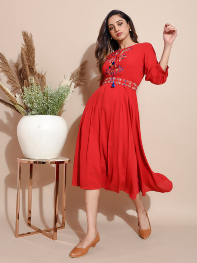 Red Georgette Pleated Dress