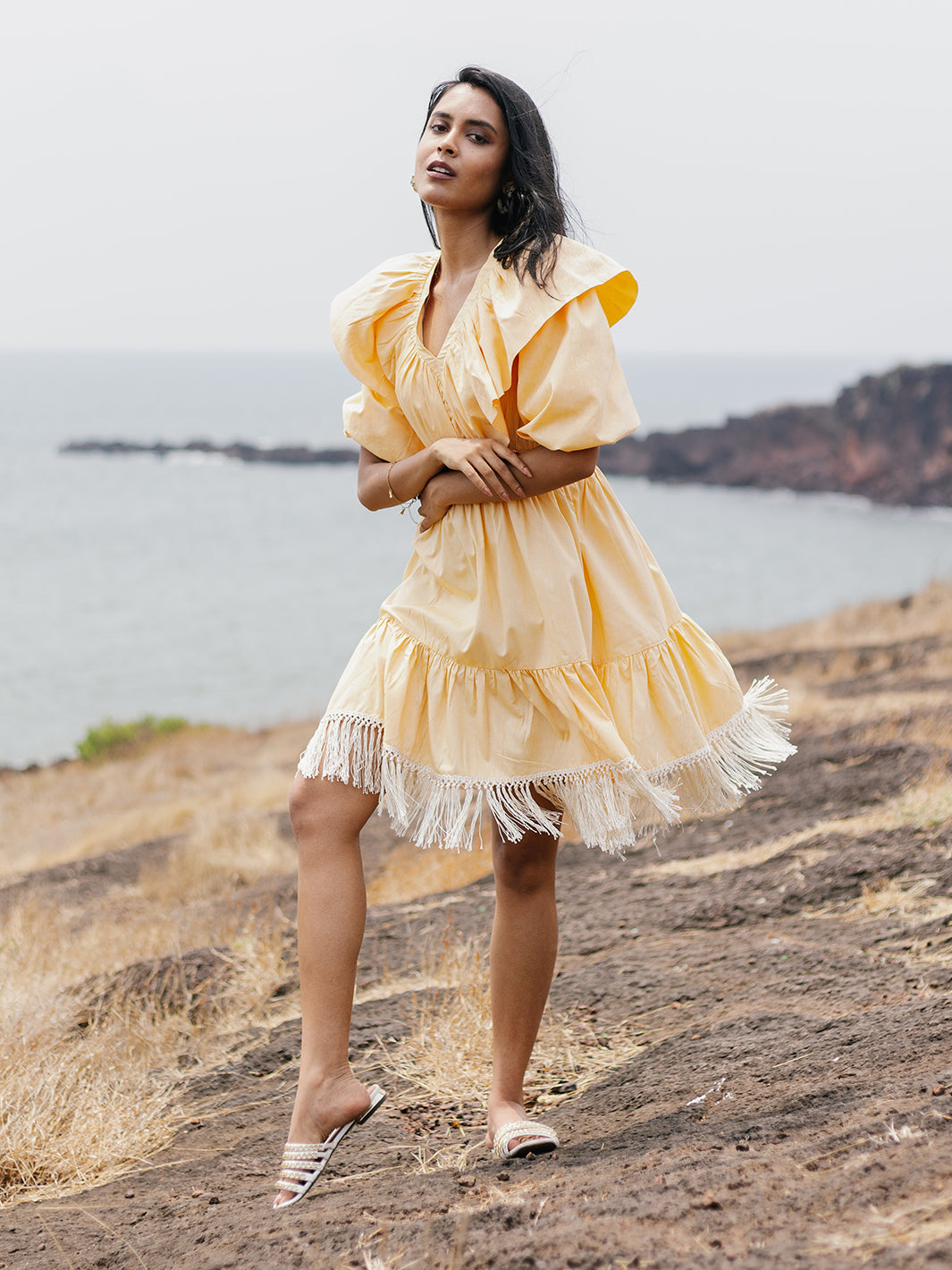 Resort Wear in Yellow A-Line Cuba Cotton Dress for Women at House of Fett
