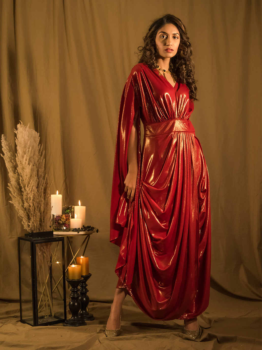 Party Wear High Quality Le Bain Red Metallic Gown for Women at House of Fett Party Wear High Quality Le Bain Red Metallic Gown for Women at House of Fett