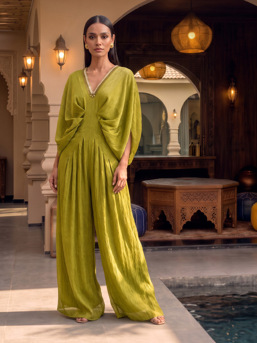 Festive Flared Jumpsuit with Neck Embroidery