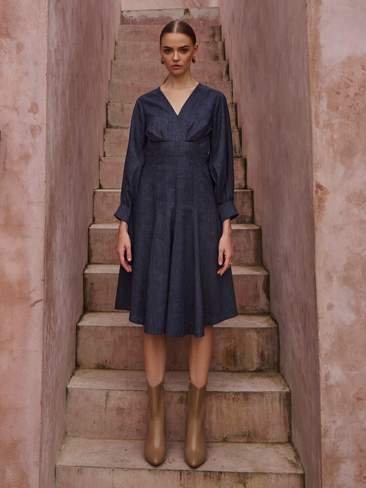 A-line | midi dress | long dress | blue dress | birthday party dress | resort party dress |v-neck dress | one piece dress | single piece dress | trendy outfits | outfits for women | girls outfits | airport attari | caual wear | office dress for women | formal dress | Cotton Linen Dress | Linen Dress