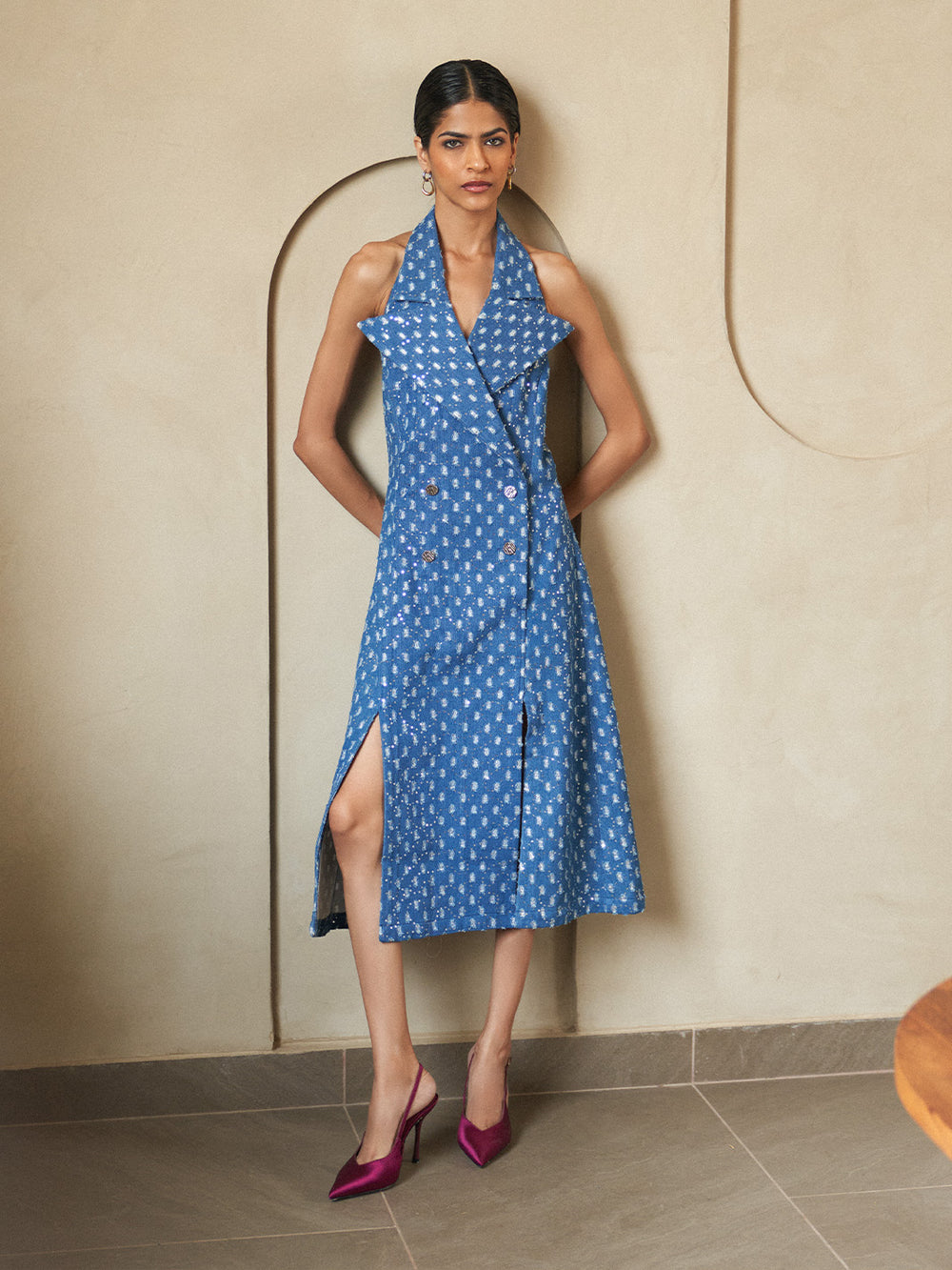 Glitzy Denim Lapel Slit Dress