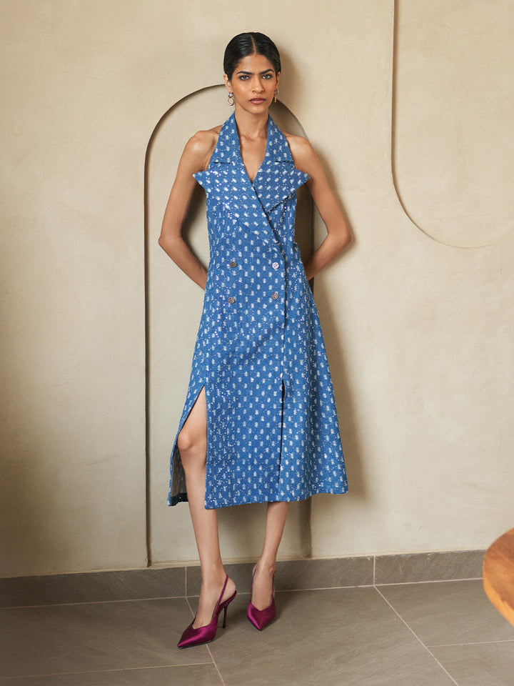 Glitzy Denim Lapel Slit Dress