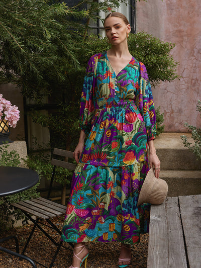 Brunch Dress | floral dress | maxi dress | long dress | v neck long dress | one iece dress | single piece dress | colorful floral prints dress | printed dress | colorful print dress | floral print dress | evenig party dress | evening dress | night party dress | airport fashion | airport Atrani dress