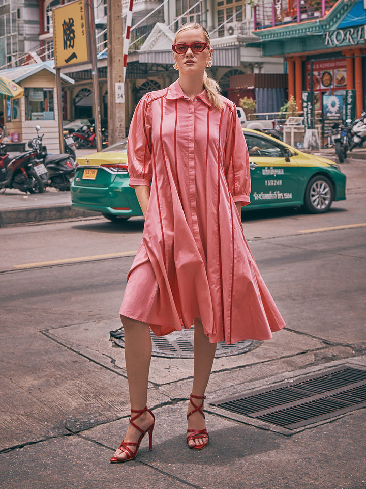 Canopy Dress | blush pink dress | cotton dress | pink dress | midi dress | long dress | a-line dress | collar dress | comfort dress | comfy dress | party style dress | airport travel wear | travelling wear | popline dress | resort dress | safari dress