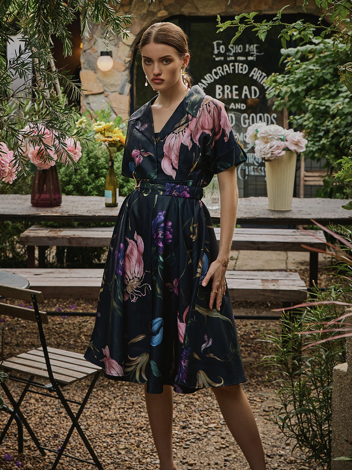 Twill Dress | twill black dress | floral twill dress | black dress | midi dress | resort dress | travelling wear for women | office wear for women | women&