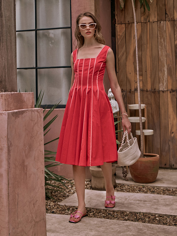 Townie fit dress |  flare piping dress | A-line Dress | Pinkish Red Dress | Red Dress | Valentine Dress | Party Dress | Club Party Dress | Resort Party Dress | Function Party Dress | Sleeveless Dress | Umbrella Dress | Long Dress | Midi Dress | Pipeline Dress | Beach Side Dress | Beachside Dress | Honeymoon Dress