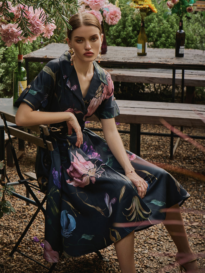 Twill Dress | twill black dress | floral twill dress | black dress | midi dress | resort dress | travelling wear for women | office wear for women | women&