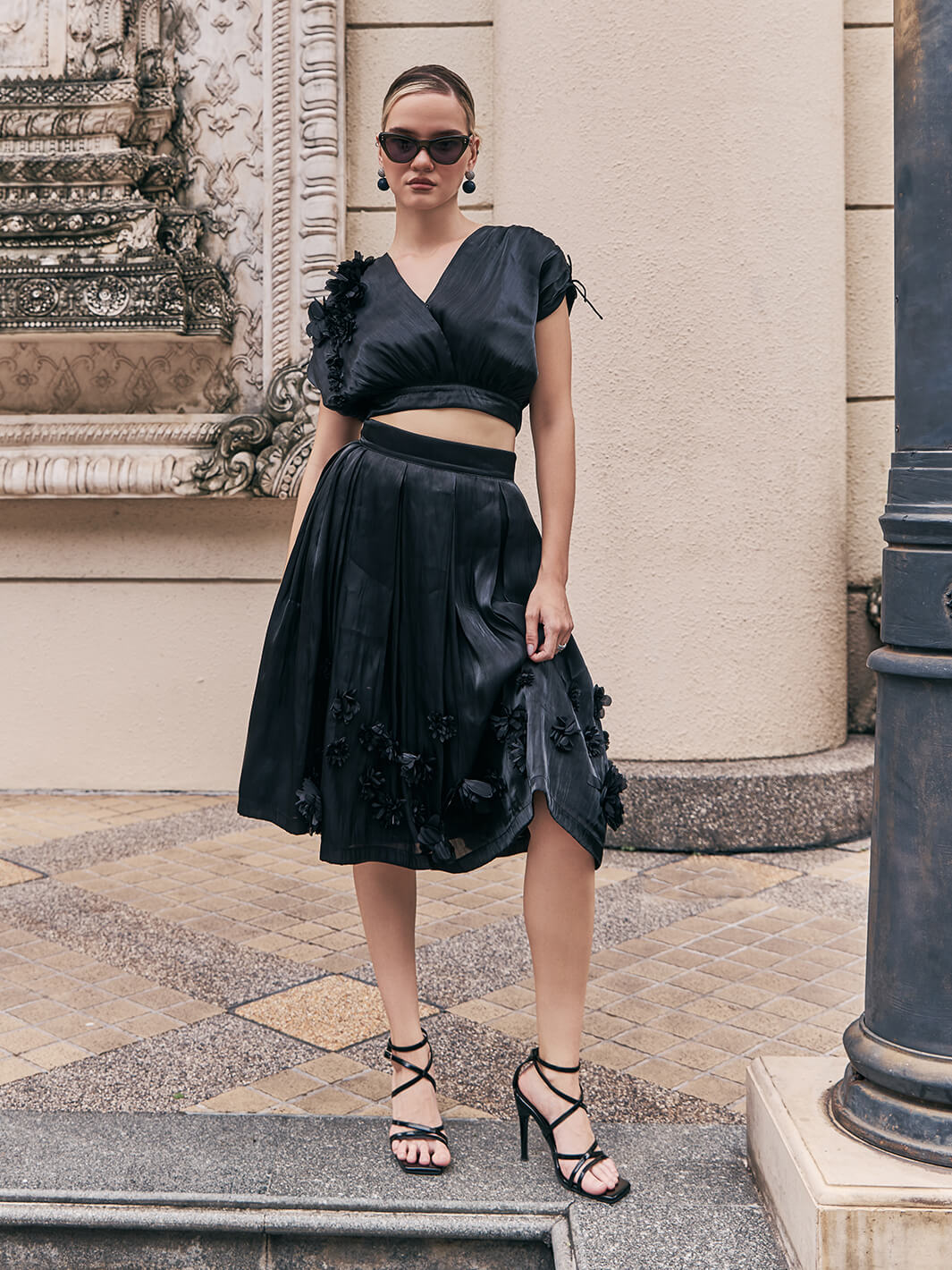 dress with black top and floral skirt Long Two Piece Prom Dress Crop Top