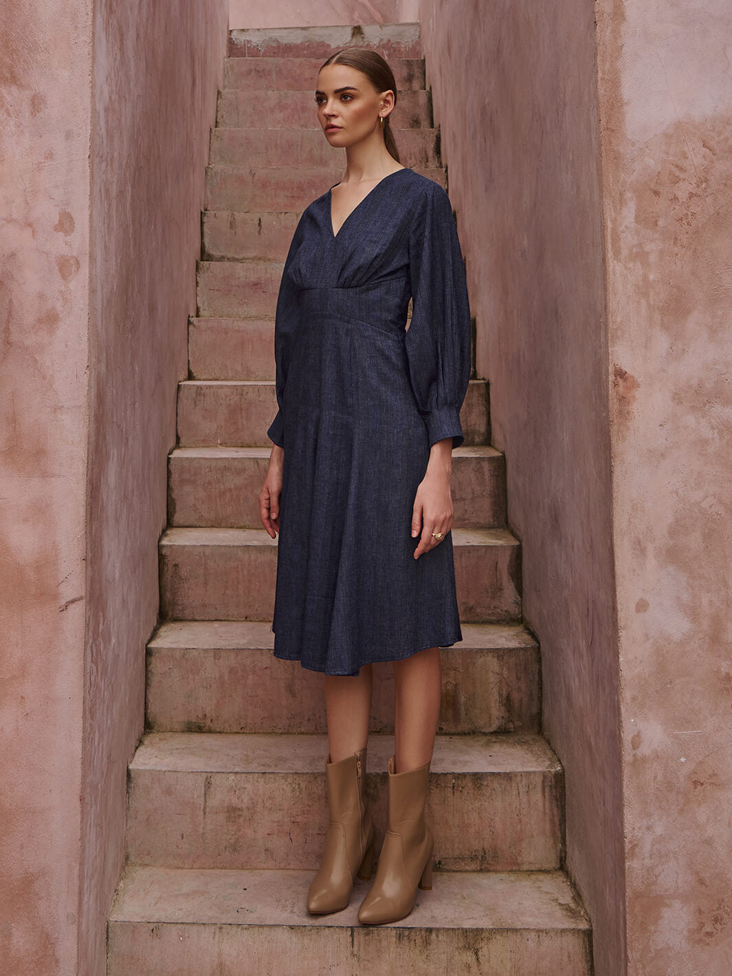 A-line | midi dress | long dress | blue dress | birthday party dress | resort party dress |v-neck dress | one piece dress | single piece dress | trendy outfits | outfits for women | girls outfits | airport attari | caual wear | office dress for women | formal dress | Cotton Linen Dress | Linen Dress