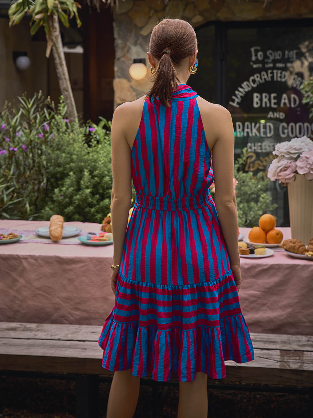 a-line dress | Halter Stripe Dress | stripe dress | strip dress | halter dress | short dress | blue and pink dress | outdoor dress | resort party dress | beach side dress | beachside dress | skirt | bold dress | night party | club party dress | back side