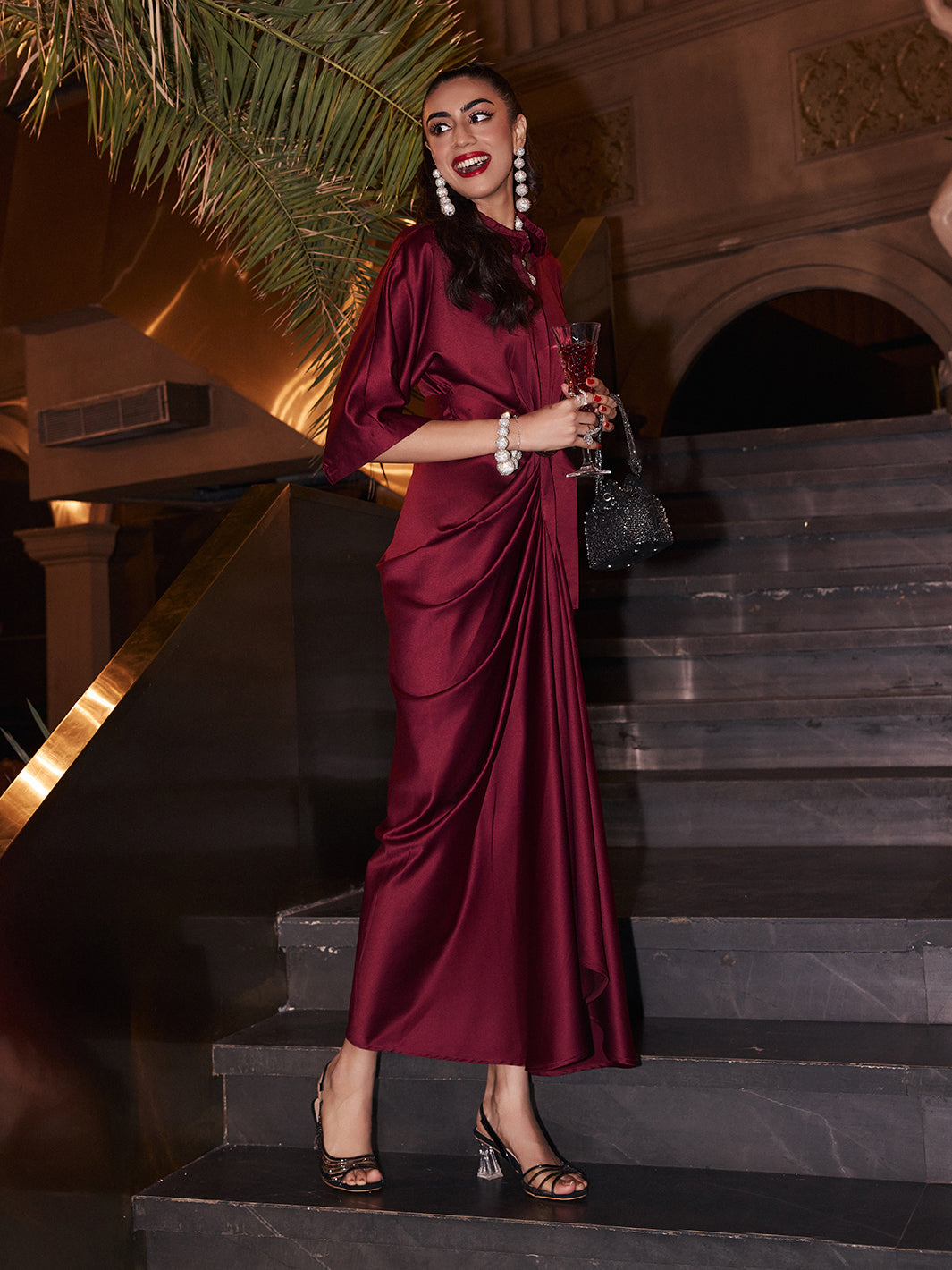 Maroon gown | stylish cowl neck gown