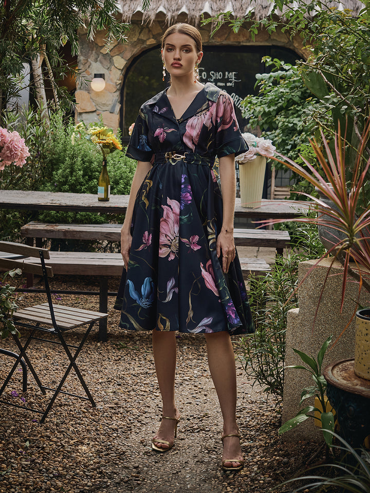Twill Dress | twill black dress | floral twill dress | black dress | midi dress | resort dress | travelling wear for women | office wear for women | women&