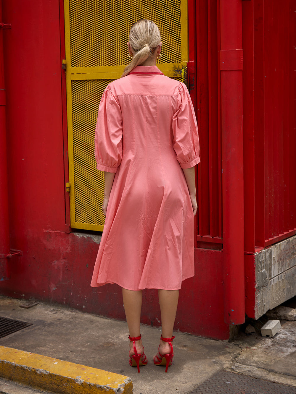 Canopy Dress | blush pink dress | cotton dress | pink dress | midi dress | long dress | a-line dress | collar dress | comfort dress | comfy dress | party style dress | airport travel wear | travelling wear | popline dress | resort dress | safari dress