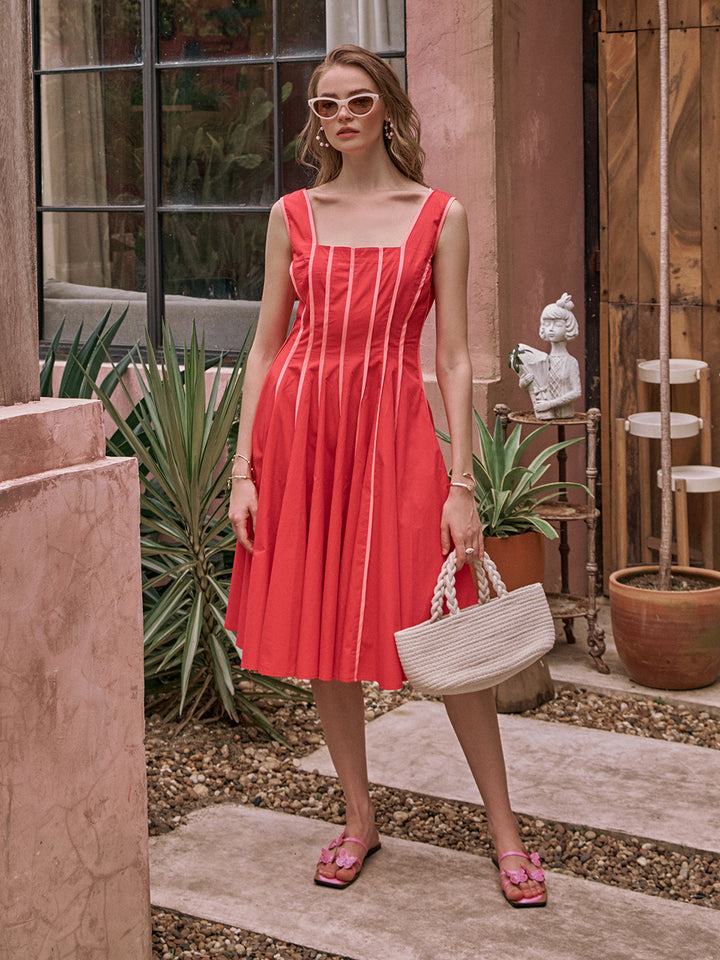 Townie fit dress |  flare piping dress | A-line Dress | Pinkish Red Dress | Red Dress | Valentine Dress | Party Dress | Club Party Dress | Resort Party Dress | Function Party Dress | Sleeveless Dress | Umbrella Dress | Long Dress | Midi Dress | Pipeline Dress | Beach Side Dress | Beachside Dress | Honeymoon Dress