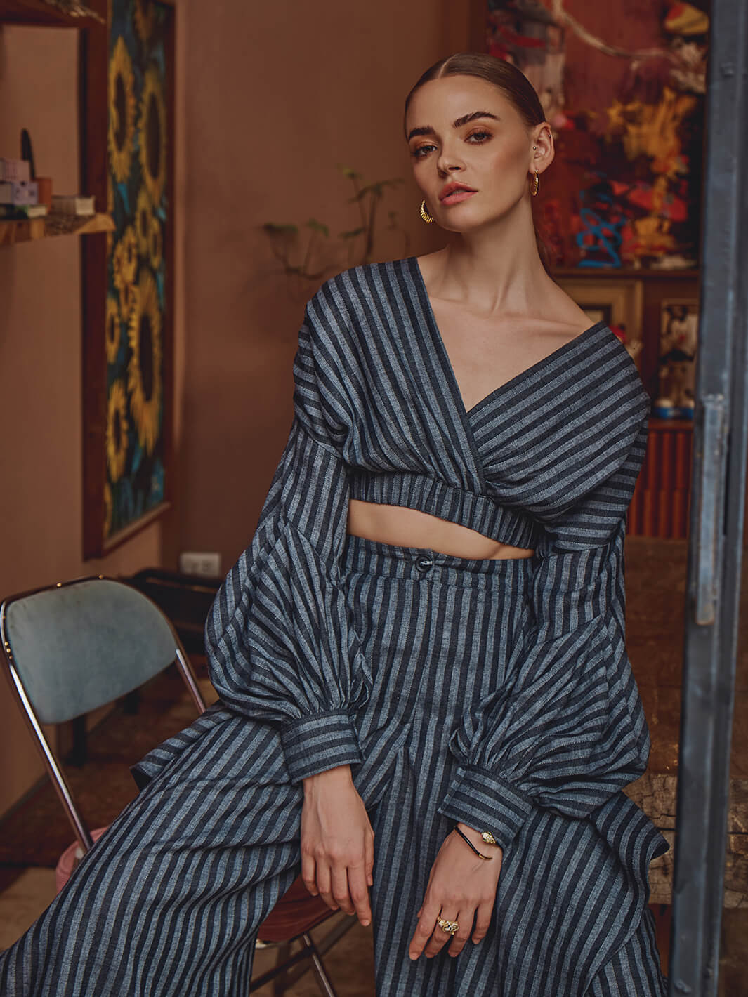 Stripe Co-ord set | 2 piece set | ladies coord set | top and pant set | overlap top | brunch party | dinner party dress | function | event show | night party dress | travel wear | resort wear | women party wear | event party dress | sets and co ords | and co ord set | Pleated dress | office dress for women