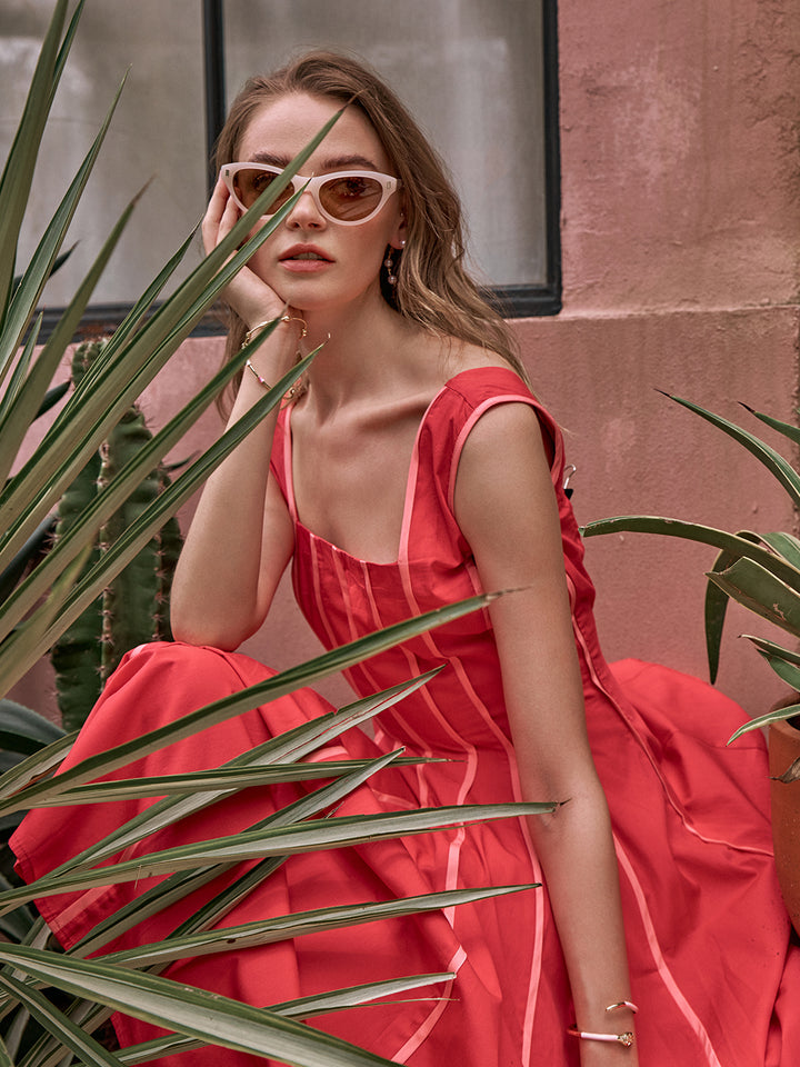 Townie fit dress |  flare piping dress | A-line Dress | Pinkish Red Dress | Red Dress | Valentine Dress | Party Dress | Club Party Dress | Resort Party Dress | Function Party Dress | Sleeveless Dress | Umbrella Dress | Long Dress | Midi Dress | Pipeline Dress | Beach Side Dress | Beachside Dress | Honeymoon Dress | Comfortable Dress for women | Women&