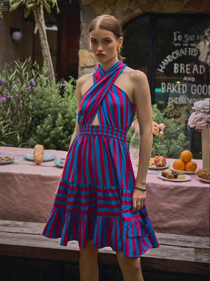 a-line dress | Halter Stripe Dress | stripe dress | strip dress | halter dress | short dress | blue and pink dress | outdoor dress | resort party dress | beach side dress | beachside dress | skirt | bold dress | night party | club party dress