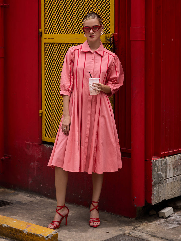 Canopy Dress | blush pink dress | cotton dress | pink dress | midi dress | long dress | a-line dress | collar dress | comfort dress | comfy dress | party style dress | airport travel wear | travelling wear | popline dress | resort dress | safari dress