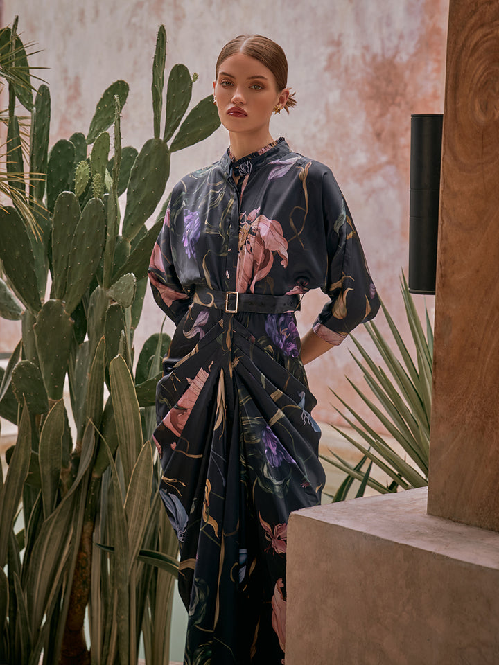 Pleated Gown | Black Gown | Gowns | Party Gown | Event Party Gown | Birthday Party Dress | floral gown | gown for women | night party dress | night party gown | latest fashion for women | women&