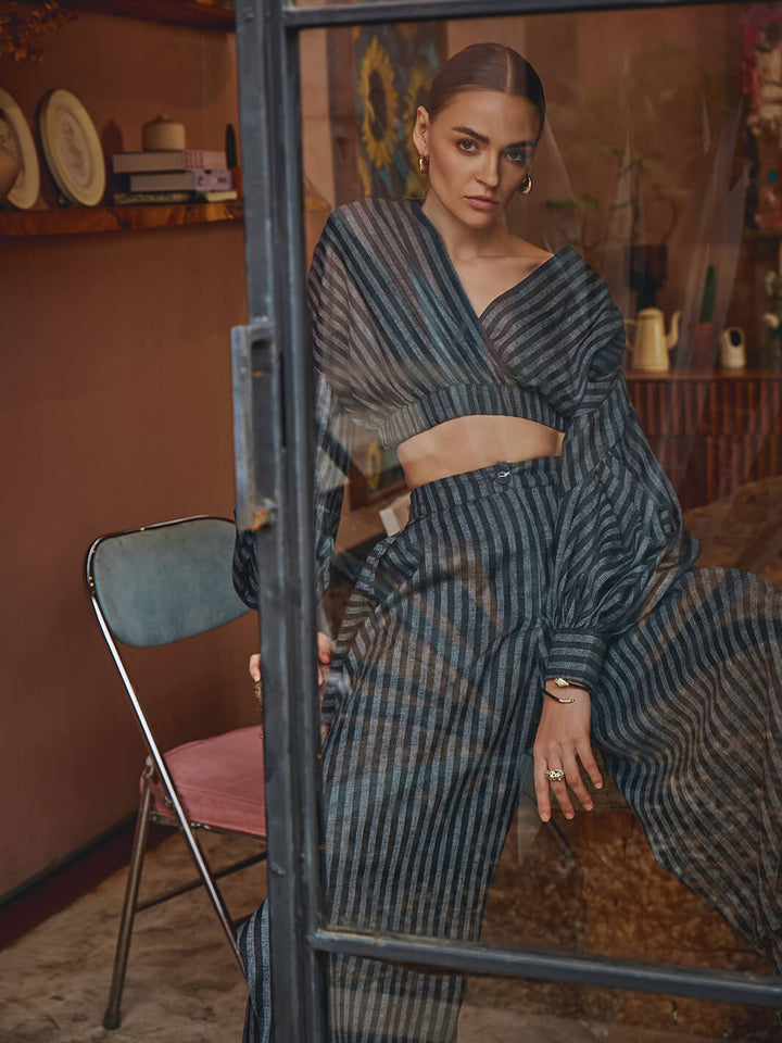 Stripe Co-ord set | 2 piece set | ladies coord set | top and pant set | overlap top | brunch party | dinner party dress | function | event show | night party dress | travel wear | resort wear | women party wear | event party dress | sets and co ords | and co ord set | Pleated dress | office dress for women