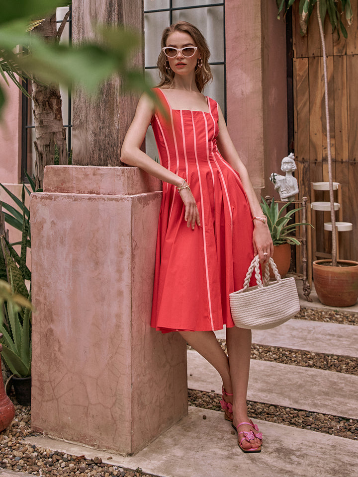 Townie fit dress |  flare piping dress | A-line Dress | Pinkish Red Dress | Red Dress | Valentine Dress | Party Dress | Club Party Dress | Resort Party Dress | Function Party Dress | Sleeveless Dress | Umbrella Dress | Long Dress | Midi Dress | Pipeline Dress | Beach Side Dress | Beachside Dress | Honeymoon Dress | Comfortable Dress for women | Women&