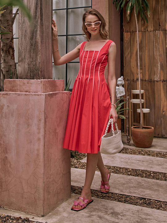 Townie fit dress |  flare piping dress | A-line Dress | Pinkish Red Dress | Red Dress | Valentine Dress | Party Dress | Club Party Dress | Resort Party Dress | Function Party Dress | Sleeveless Dress | Umbrella Dress | Long Dress | Midi Dress | Pipeline Dress | Beach Side Dress | Beachside Dress | Honeymoon Dress | Comfortable Dress for women | Women's Wear | Girls Fashion | Cute Dress | Birthday party Dress