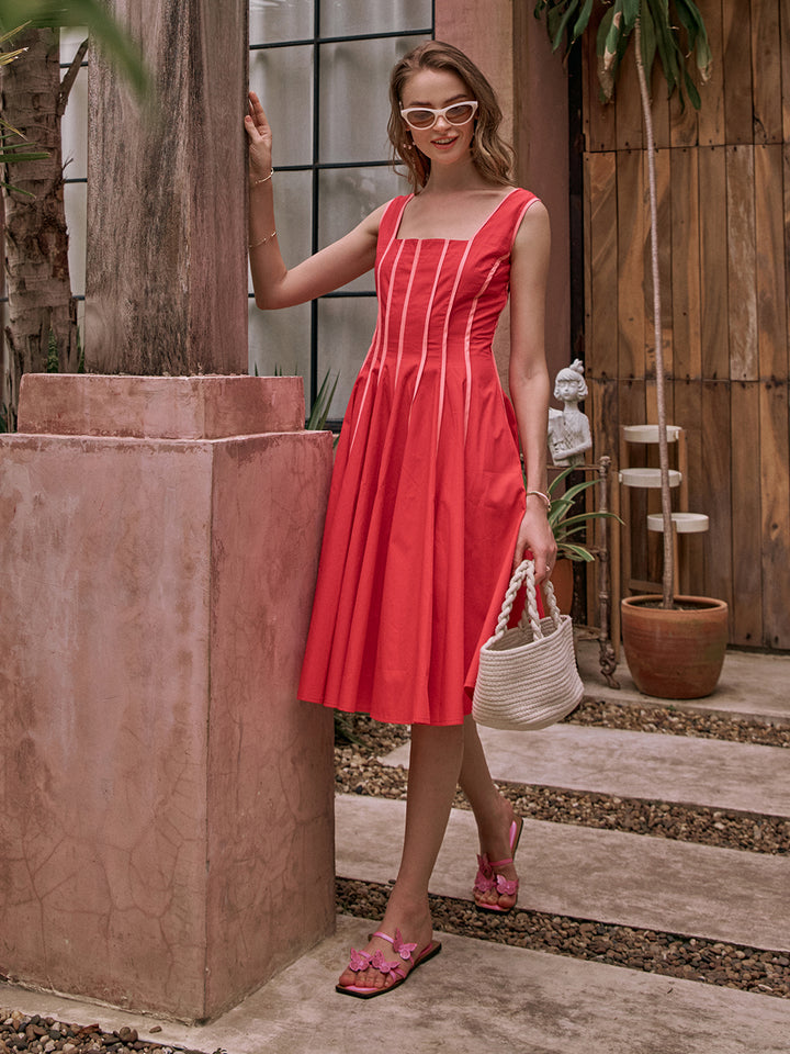 Townie fit dress |  flare piping dress | A-line Dress | Pinkish Red Dress | Red Dress | Valentine Dress | Party Dress | Club Party Dress | Resort Party Dress | Function Party Dress | Sleeveless Dress | Umbrella Dress | Long Dress | Midi Dress | Pipeline Dress | Beach Side Dress | Beachside Dress | Honeymoon Dress | Comfortable Dress for women | Women&