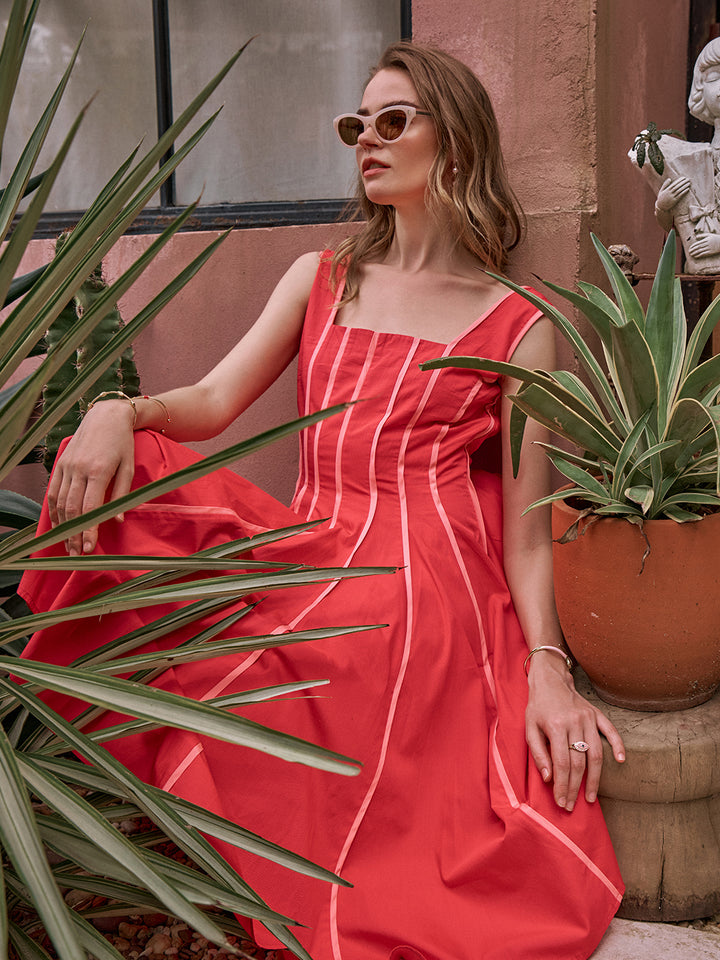 Townie fit dress |  flare piping dress | A-line Dress | Pinkish Red Dress | Red Dress | Valentine Dress | Party Dress | Club Party Dress | Resort Party Dress | Function Party Dress | Sleeveless Dress | Umbrella Dress | Long Dress | Midi Dress | Pipeline Dress | Beach Side Dress | Beachside Dress | Honeymoon Dress | Comfortable Dress for women | Women&
