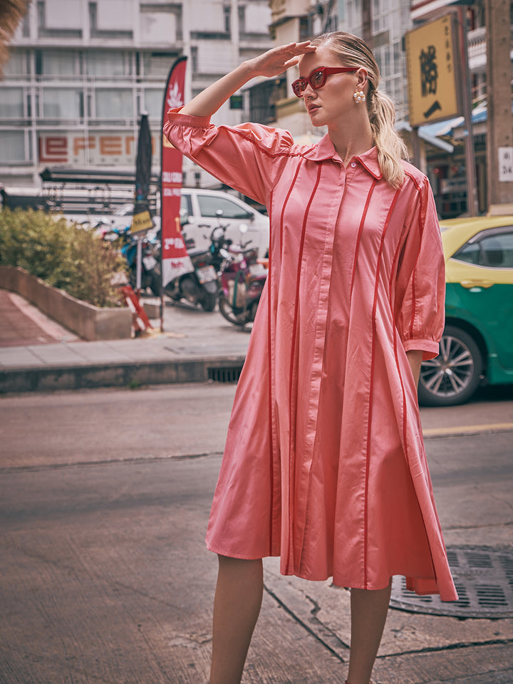 Canopy Dress | blush pink dress | cotton dress | pink dress | midi dress | long dress | a-line dress | collar dress | comfort dress | comfy dress | party style dress | airport travel wear | travelling wear | popline dress | resort dress | safari dress