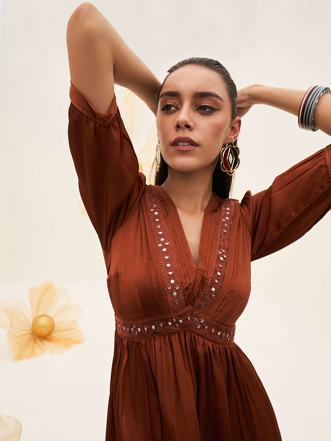 Summer Vacation Wear Cotton Cocoa Mosaic Maxi Dress for Women at House