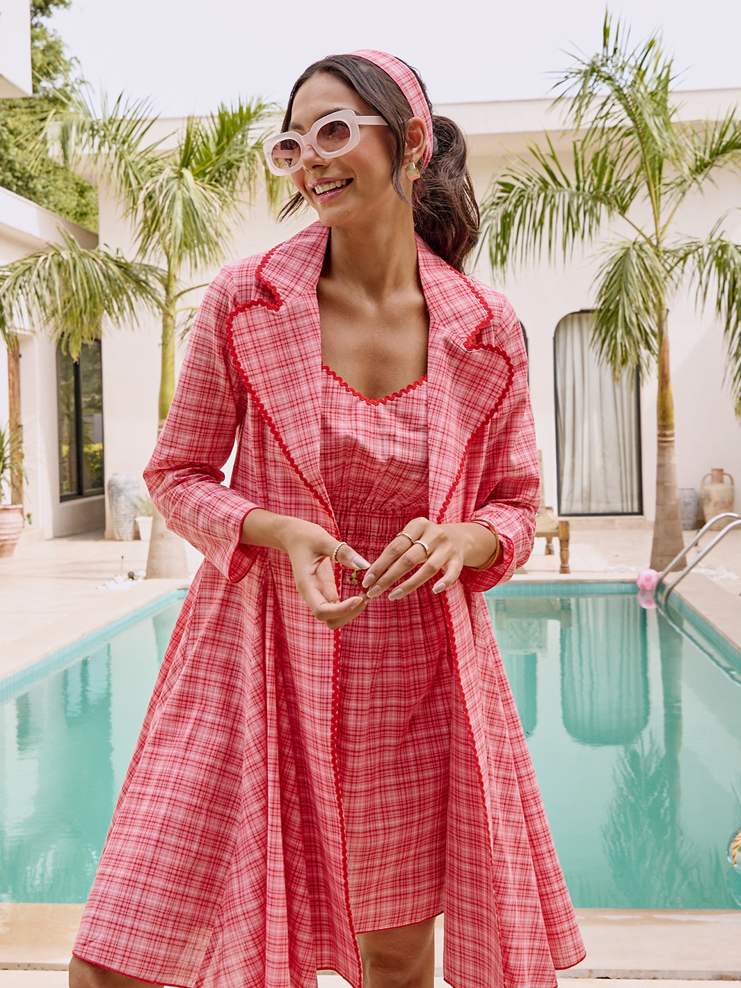 Cotton Crimson Crush Dress & Jacket Set for Ladies in Checkered