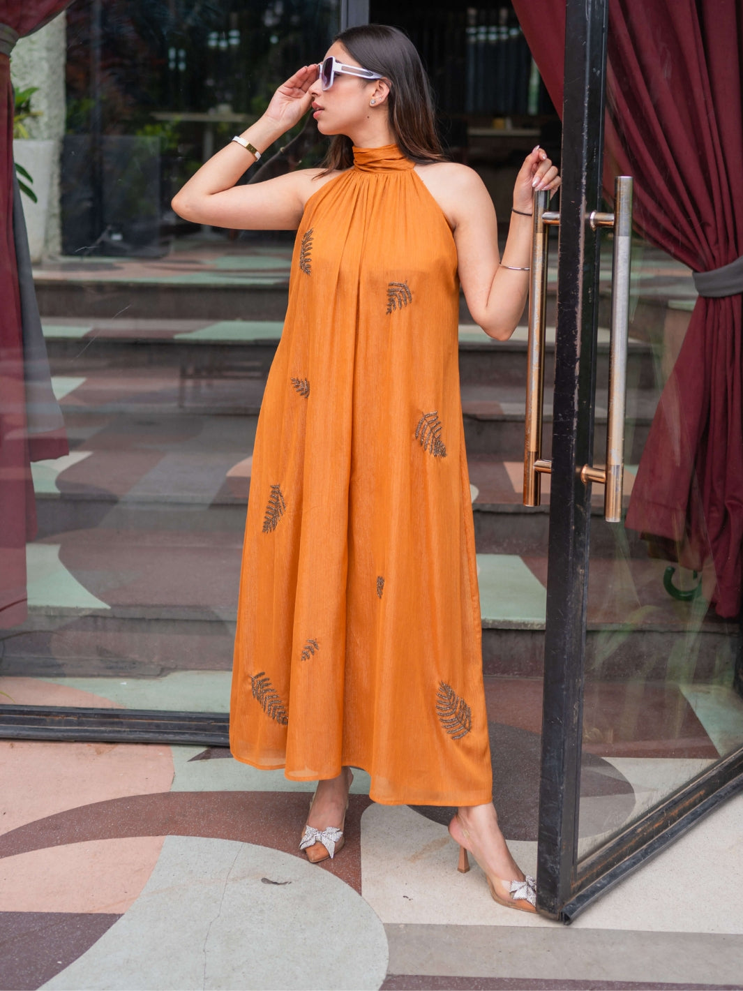 Resort Wear Date Palm Hand Embroidered Brown Jumpsuit for Women at House of Fett Resort Wear Date Palm Hand Embroidered Brown Jumpsuit for Women at House of Fett