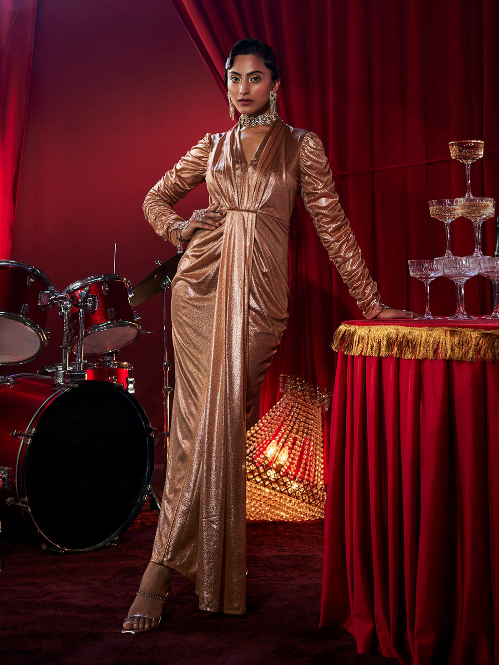 J'adore Metallic Drapped Gown