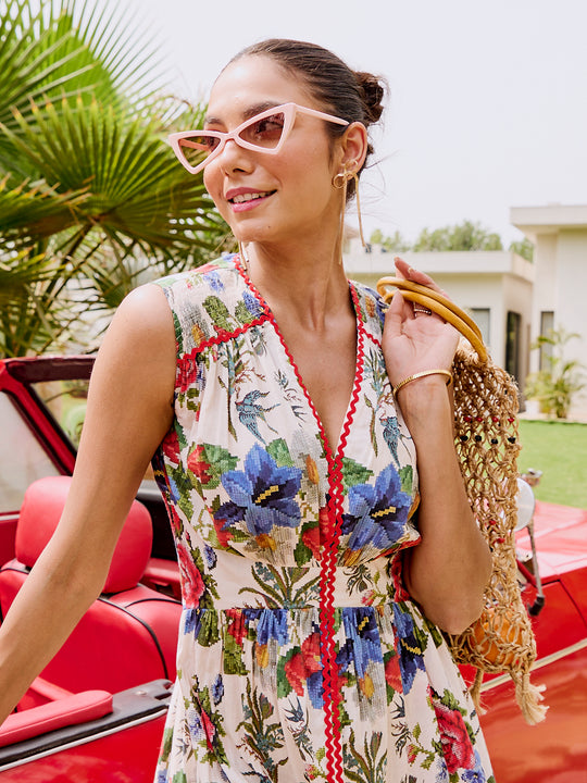 Florence Laced Cross Stitch Cotton Midi Dress