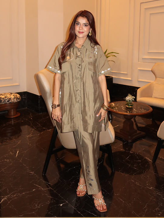 Sage Leather Patchwork Embroidered Co-ord Set