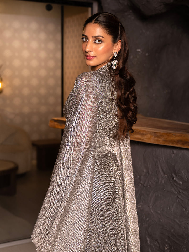 Cascade Drape Metallic Gown - Festive Party Gown