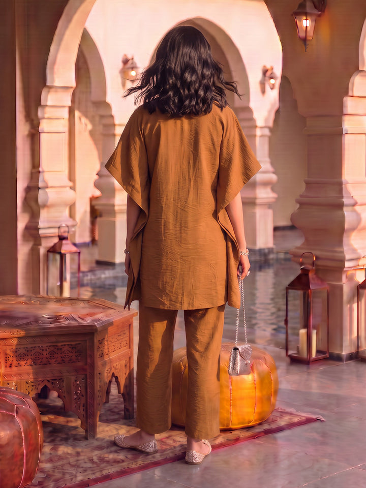 Caramel Leather Patchwork Embroidered Long Shirt