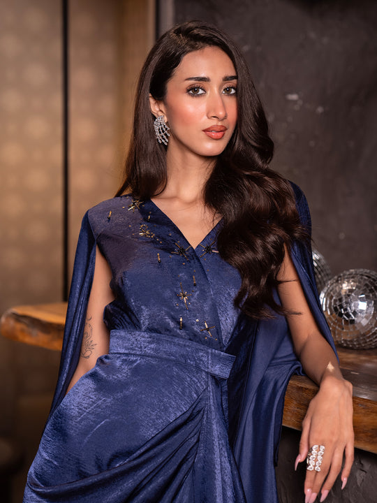 Galaxy Satin Embroidered Drape Gown