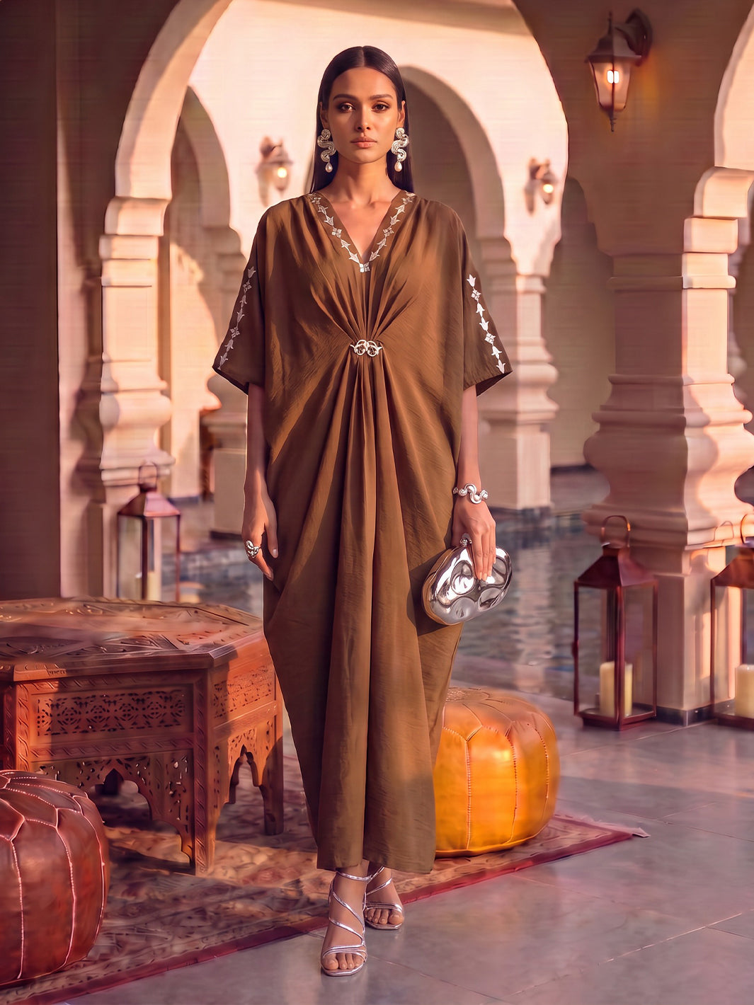 Desert Leather Patchwork Embroidered Kaftan