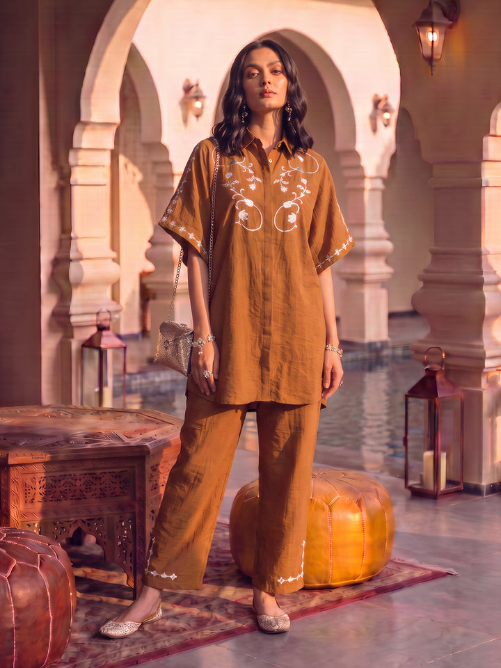 Caramel Leather Patchwork Embroidered Co-ord Set