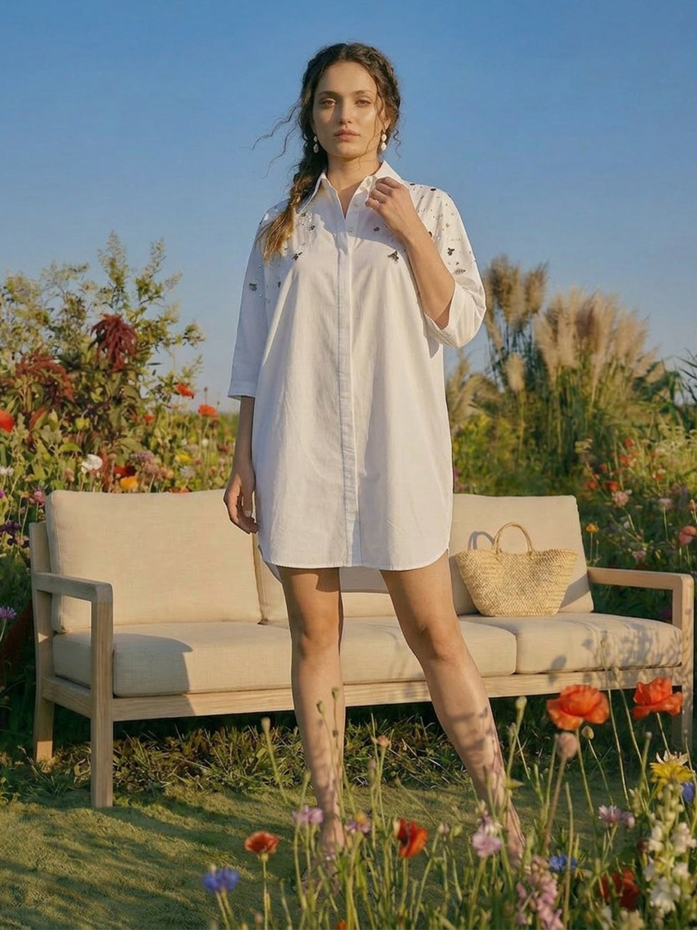 Summer Embroidery Freesize Shirt Dress