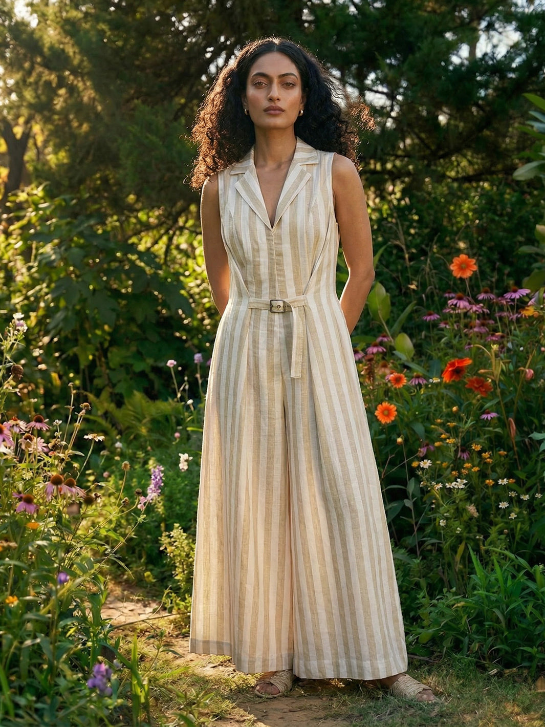 Stripe Jumpsuit with Front Belt