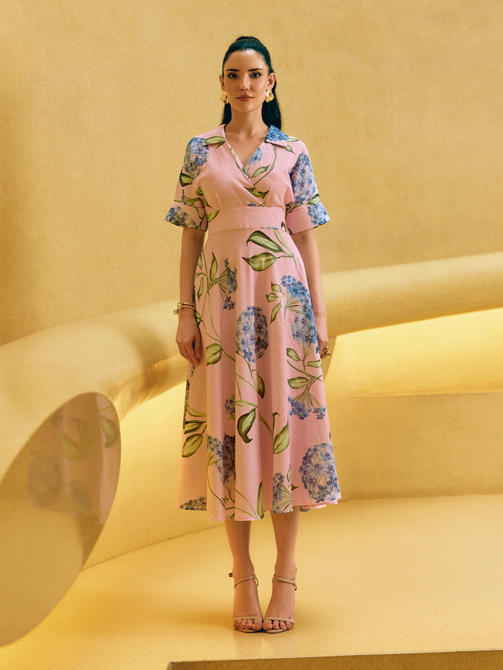 Floral linen midi dress for women summer vacation outfit