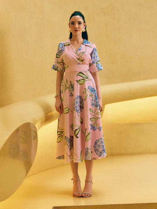 Floral linen midi dress for women summer vacation outfit