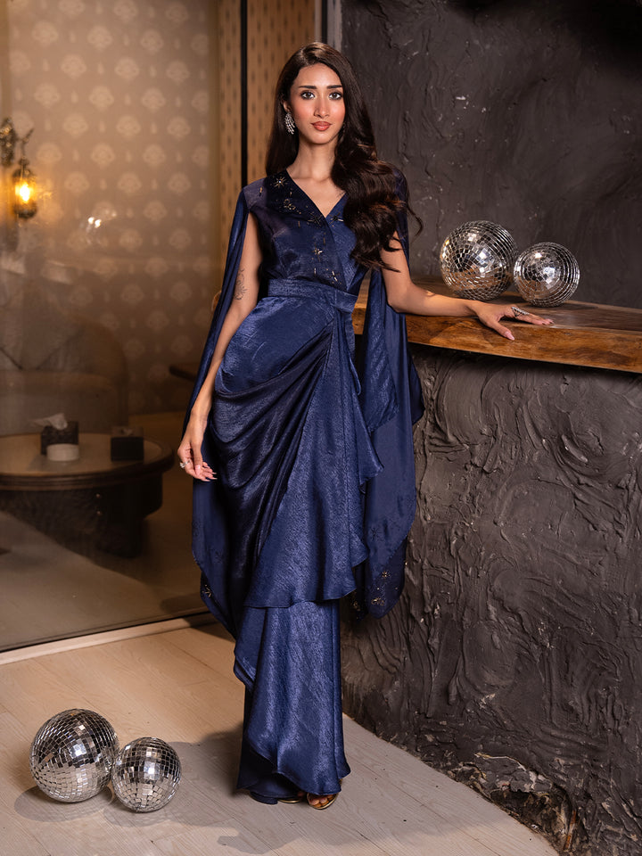 Galaxy Satin Embroidered Drape Gown