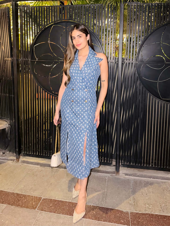 Glitzy Denim Lapel Slit Dress